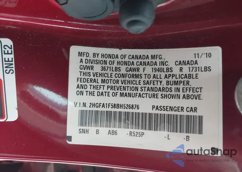 2011 Honda Civic Lx z USA, uszkodzony, nr VIN 2HGFA1F58BH526876